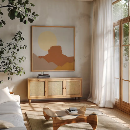 Desert Sun III by Moira Hershey. Shown in a natural wood frame in a cozy modern living room. Available as an archival giclee rolled canvas, fine art paper, or poster print. SKU 57269a.