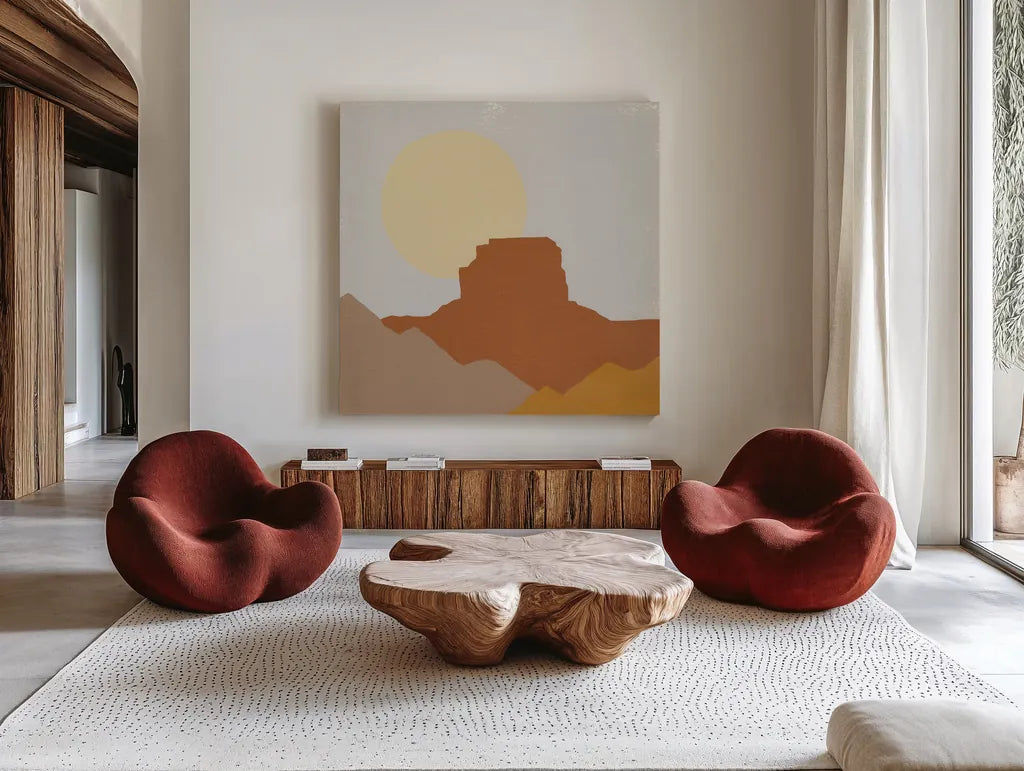 Desert Sun III by Moira Hershey. Shown as extra-large giant wall art in a modern living room. Available as an archival giclee rolled canvas, fine art paper, or poster print. SKU 57269a.