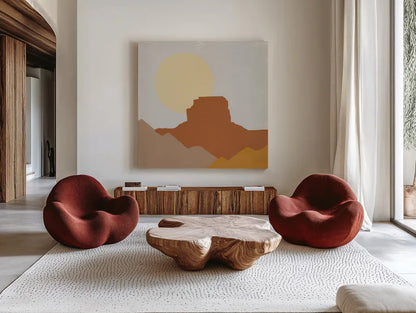 Desert Sun III by Moira Hershey. Shown as extra-large giant wall art in a modern living room. Available as an archival giclee rolled canvas, fine art paper, or poster print. SKU 57269a.
