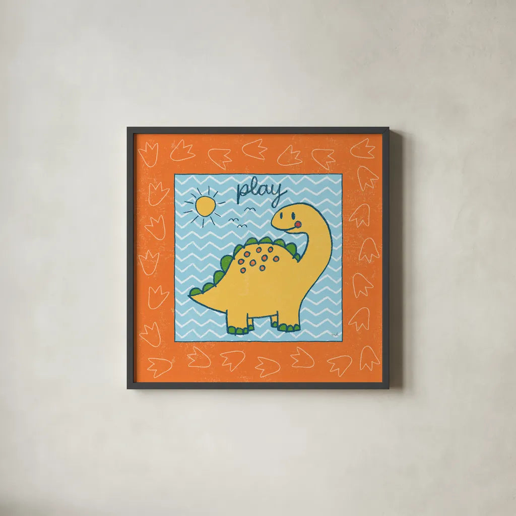 Dino Mighty I by Moira Hershey. Shown in a sleek black glass frame for a contemporary gallery look. Available as an archival giclee rolled canvas, fine art paper, or poster print. SKU 16319a.