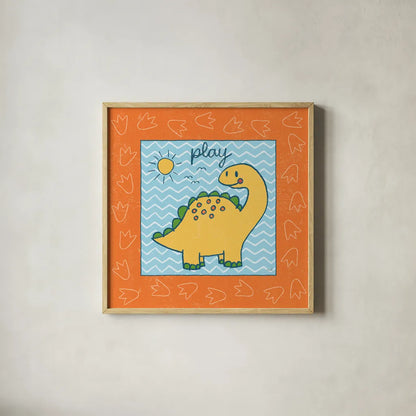 Dino Mighty I by Moira Hershey. Shown in a natural wood glass frame for a timeless modern aesthetic. Available as an archival giclee rolled canvas, fine art paper, or poster print. SKU 16319a.