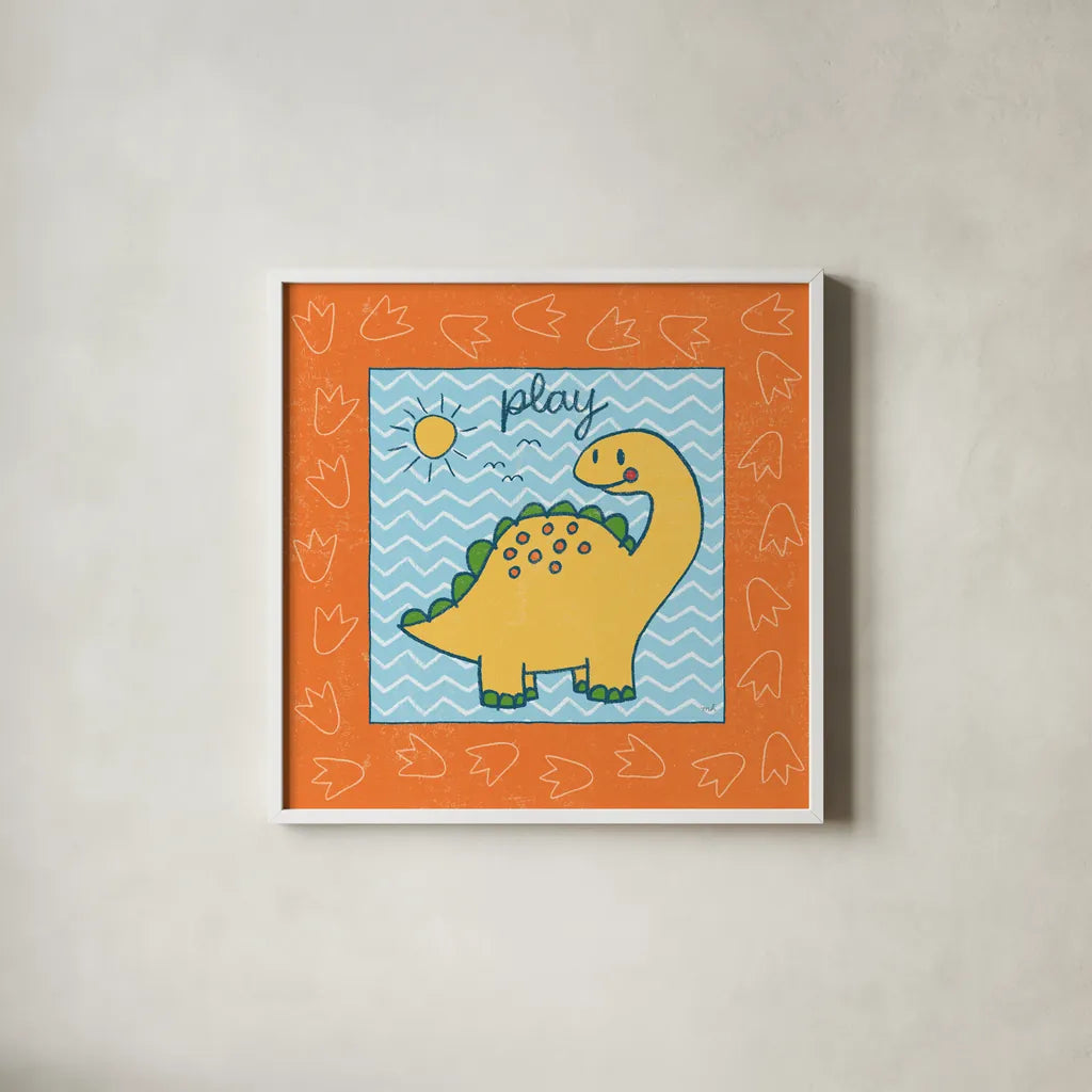 Dino Mighty I by Moira Hershey. Shown in a crisp white glass frame for a clean and minimalist style. Available as an archival giclee rolled canvas, fine art paper, or poster print. SKU 16319a.