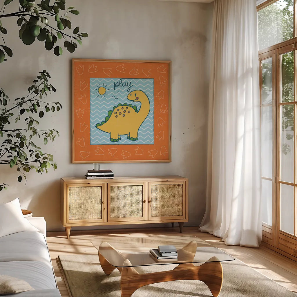 Dino Mighty I by Moira Hershey. Shown in a natural wood frame in a cozy modern living room. Available as an archival giclee rolled canvas, fine art paper, or poster print. SKU 16319a.
