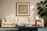 Dino Mighty I by Moira Hershey. Displayed in a glass frame with matte in a clean modern living room. Available as an archival giclee rolled canvas, fine art paper, or poster print. SKU 16319a.