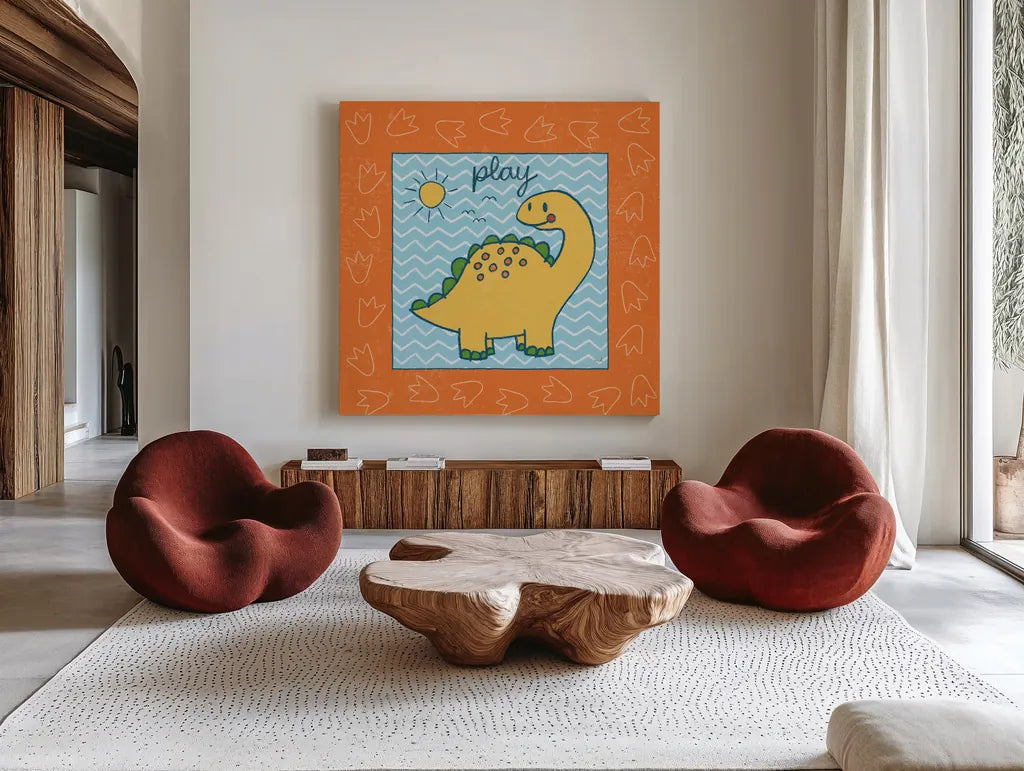 Dino Mighty I by Moira Hershey. Shown as extra-large giant wall art in a modern living room. Available as an archival giclee rolled canvas, fine art paper, or poster print. SKU 16319a.