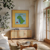 Dino Mighty II by Moira Hershey. Shown in a natural wood frame in a cozy modern living room. Available as an archival giclee rolled canvas, fine art paper, or poster print. SKU 16320a.