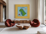 Dino Mighty II by Moira Hershey. Shown as extra-large giant wall art in a modern living room. Available as an archival giclee rolled canvas, fine art paper, or poster print. SKU 16320a.