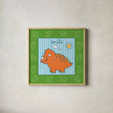 Dino Mighty III by Moira Hershey. Shown in a natural wood glass frame for a timeless modern aesthetic. Available as an archival giclee rolled canvas, fine art paper, or poster print. SKU 16321a.