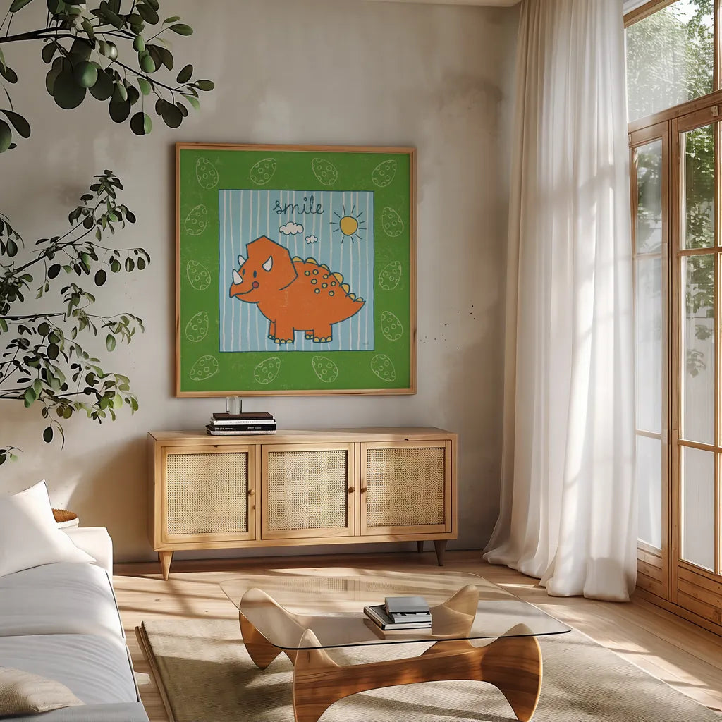 Dino Mighty III by Moira Hershey. Shown in a natural wood frame in a cozy modern living room. Available as an archival giclee rolled canvas, fine art paper, or poster print. SKU 16321a.