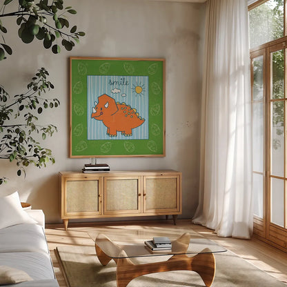Dino Mighty III by Moira Hershey. Shown in a natural wood frame in a cozy modern living room. Available as an archival giclee rolled canvas, fine art paper, or poster print. SKU 16321a.