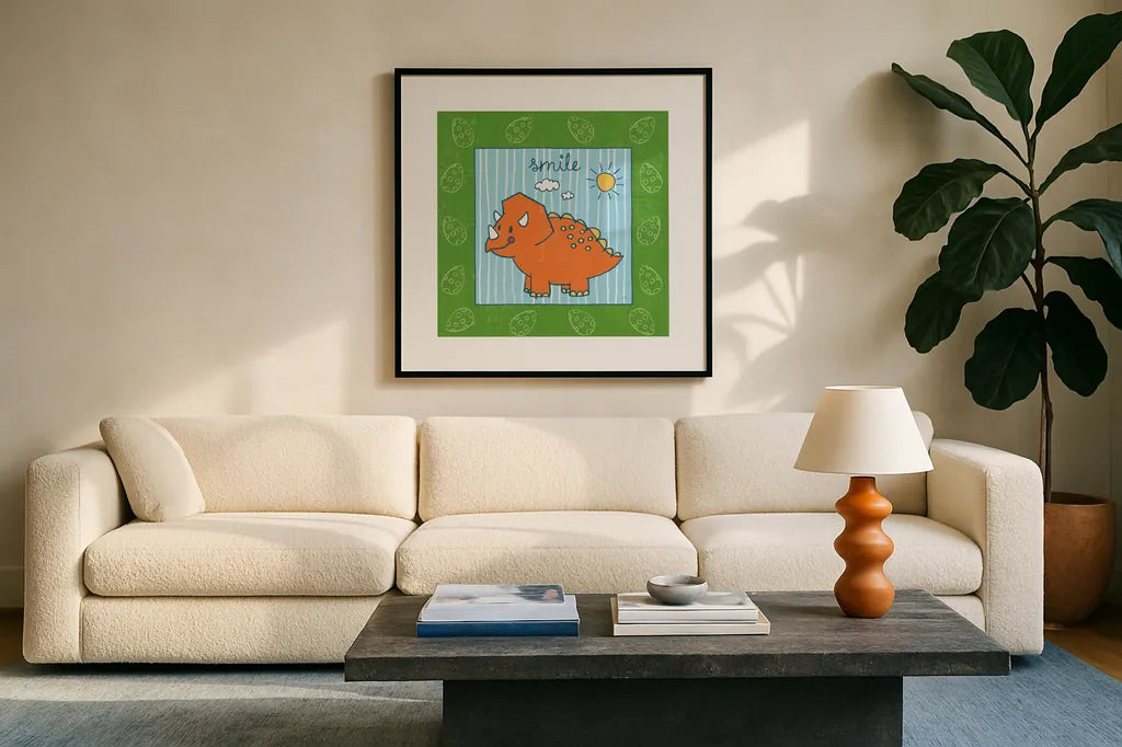 Dino Mighty III by Moira Hershey. Displayed in a glass frame with matte in a clean modern living room. Available as an archival giclee rolled canvas, fine art paper, or poster print. SKU 16321a.