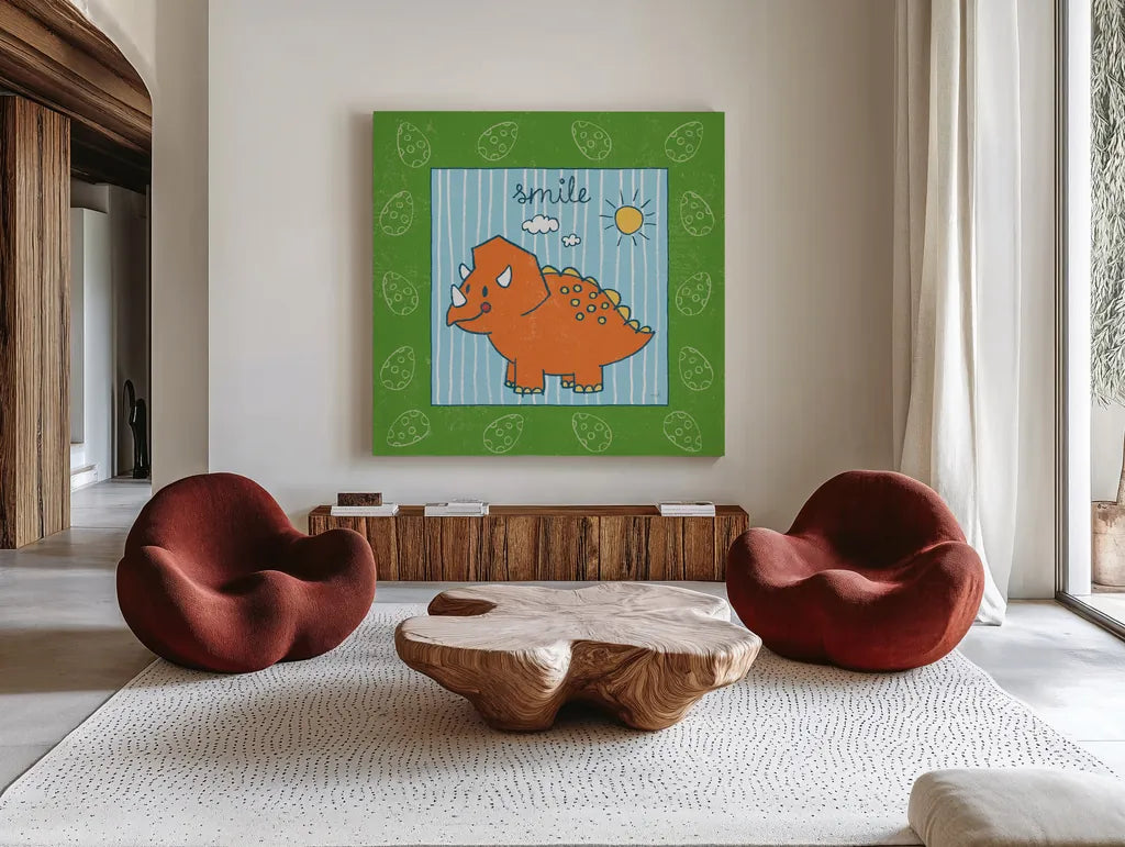 Dino Mighty III by Moira Hershey. Shown as extra-large giant wall art in a modern living room. Available as an archival giclee rolled canvas, fine art paper, or poster print. SKU 16321a.