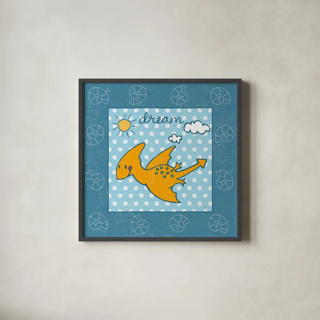 Dino Mighty IV by Moira Hershey. Shown in a sleek black glass frame for a contemporary gallery look. Available as an archival giclee rolled canvas, fine art paper, or poster print. SKU 16322a.