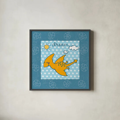 Dino Mighty IV by Moira Hershey. Shown in a sleek black glass frame for a contemporary gallery look. Available as an archival giclee rolled canvas, fine art paper, or poster print. SKU 16322a.