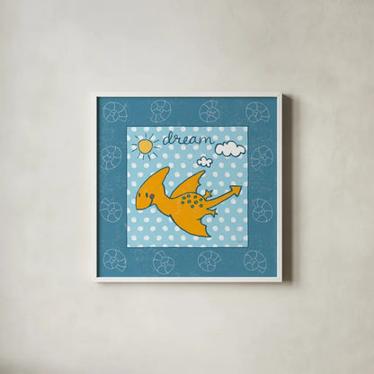 Dino Mighty IV by Moira Hershey. Shown in a crisp white glass frame for a clean and minimalist style. Available as an archival giclee rolled canvas, fine art paper, or poster print. SKU 16322a.