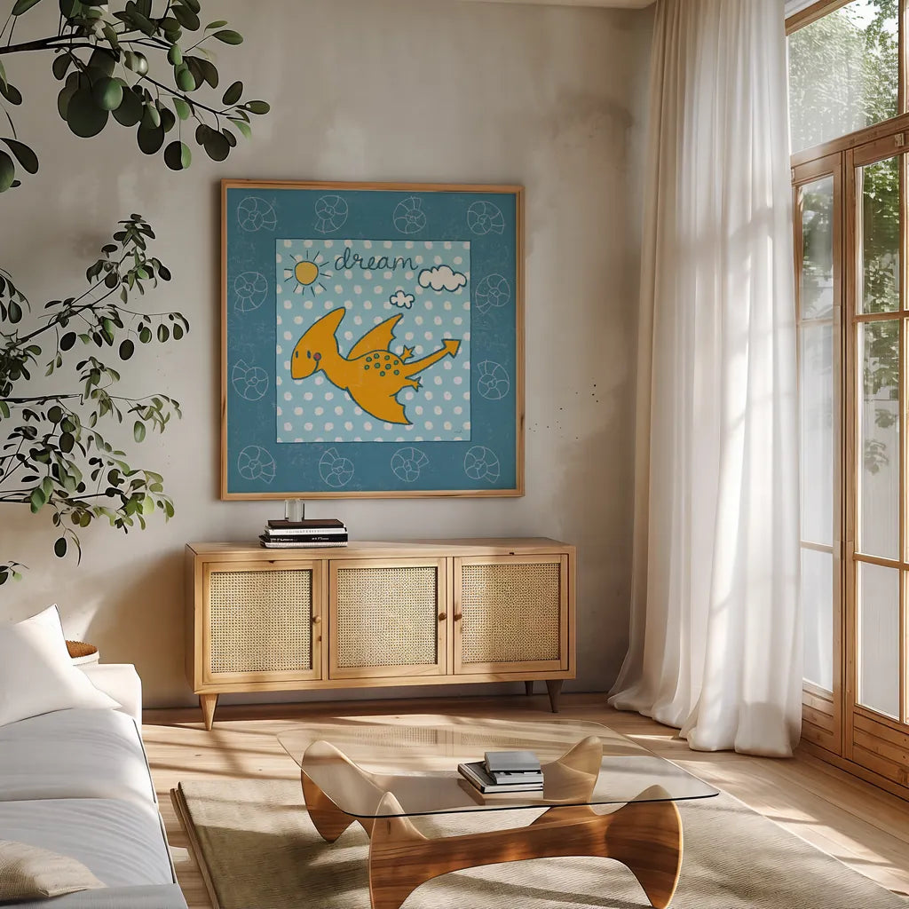 Dino Mighty IV by Moira Hershey. Shown in a natural wood frame in a cozy modern living room. Available as an archival giclee rolled canvas, fine art paper, or poster print. SKU 16322a.