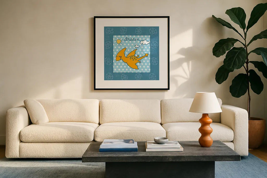 Dino Mighty IV by Moira Hershey. Displayed in a glass frame with matte in a clean modern living room. Available as an archival giclee rolled canvas, fine art paper, or poster print. SKU 16322a.
