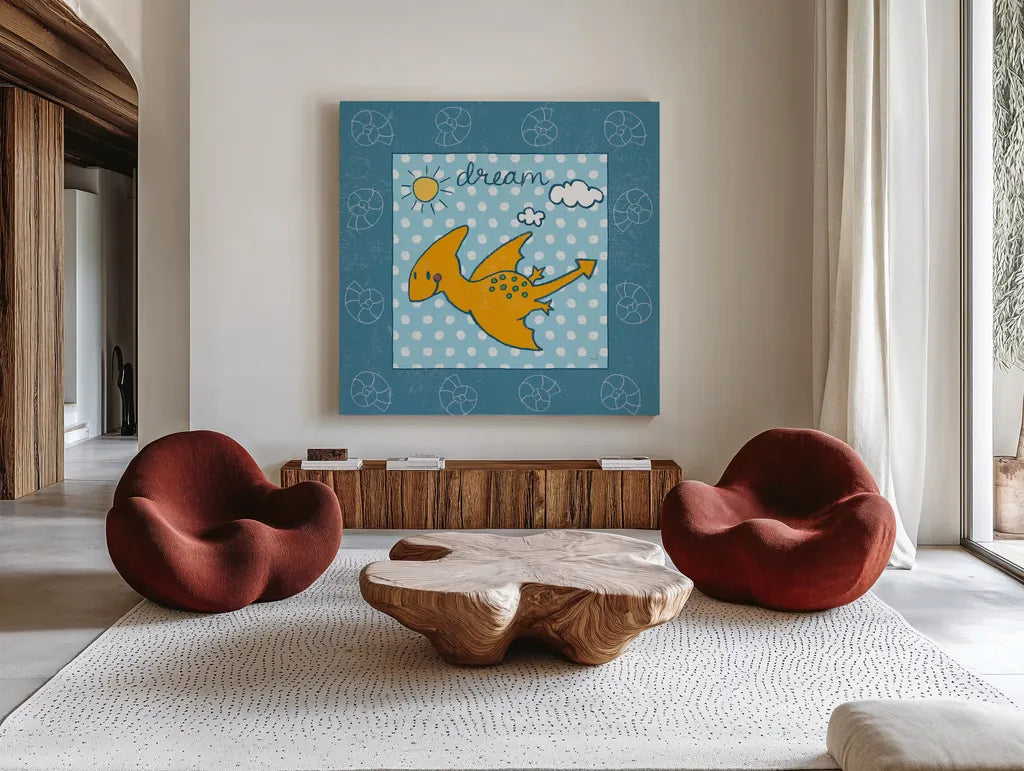 Dino Mighty IV by Moira Hershey. Shown as extra-large giant wall art in a modern living room. Available as an archival giclee rolled canvas, fine art paper, or poster print. SKU 16322a.