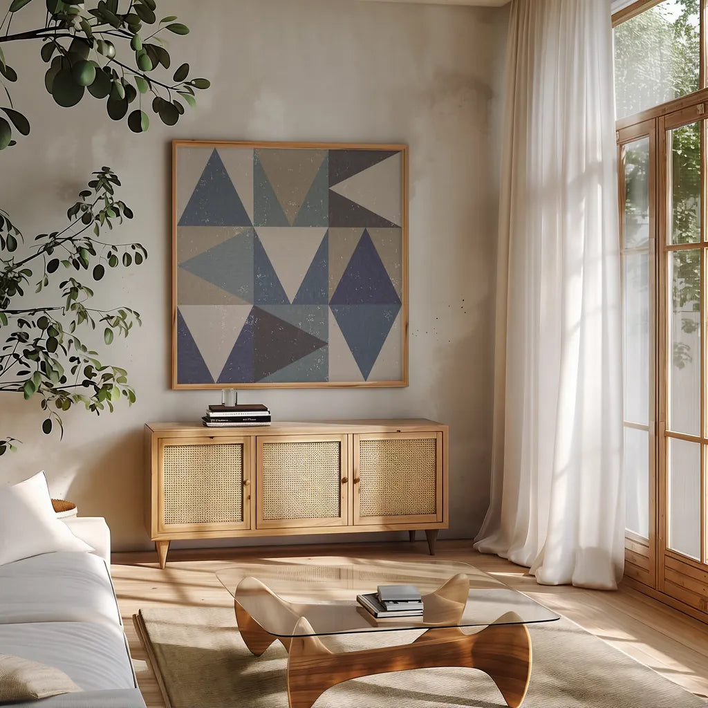 Directional I by Moira Hershey. Shown in a natural wood frame in a cozy modern living room. Available as an archival giclee rolled canvas, fine art paper, or poster print. SKU 68431a.