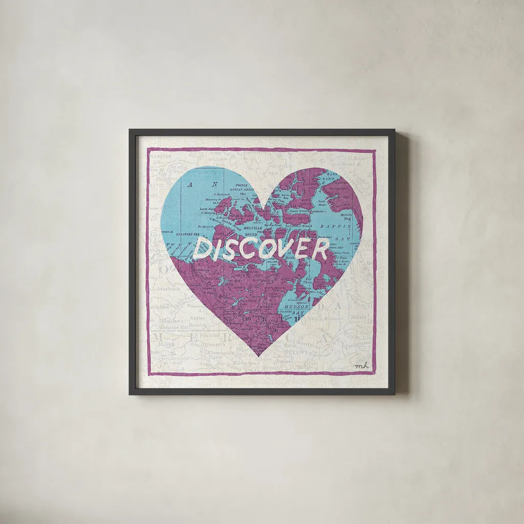 Discover Map by Moira Hershey. Shown in a sleek black glass frame for a contemporary gallery look. Available as an archival giclee rolled canvas, fine art paper, or poster print. SKU 38381a.