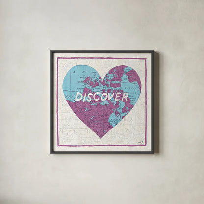 Discover Map by Moira Hershey. Shown in a sleek black glass frame for a contemporary gallery look. Available as an archival giclee rolled canvas, fine art paper, or poster print. SKU 38381a.