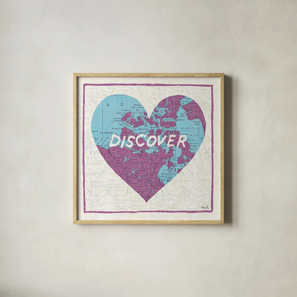 Discover Map by Moira Hershey. Shown in a natural wood glass frame for a timeless modern aesthetic. Available as an archival giclee rolled canvas, fine art paper, or poster print. SKU 38381a.