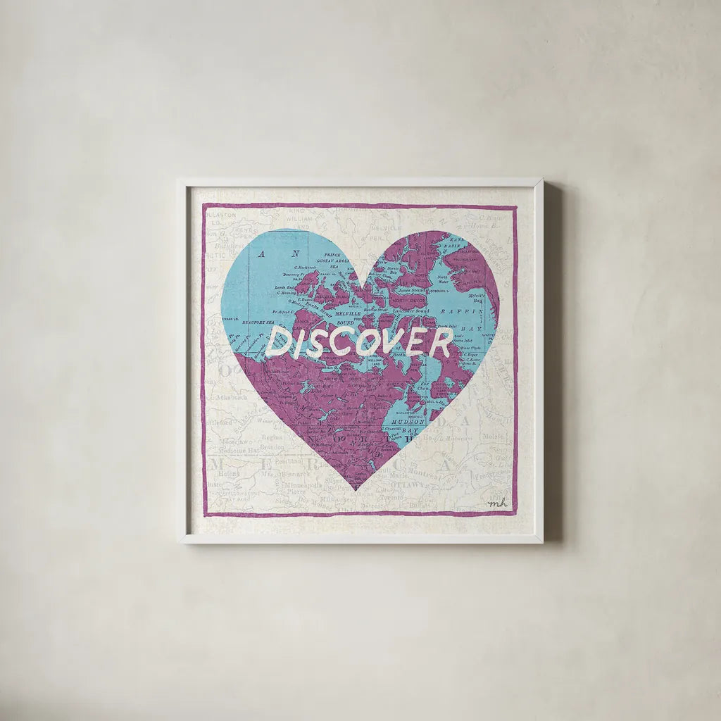 Discover Map by Moira Hershey. Shown in a crisp white glass frame for a clean and minimalist style. Available as an archival giclee rolled canvas, fine art paper, or poster print. SKU 38381a.