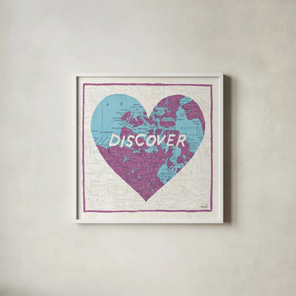 Discover Map by Moira Hershey. Shown in a crisp white glass frame for a clean and minimalist style. Available as an archival giclee rolled canvas, fine art paper, or poster print. SKU 38381a.
