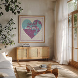 Discover Map by Moira Hershey. Shown in a natural wood frame in a cozy modern living room. Available as an archival giclee rolled canvas, fine art paper, or poster print. SKU 38381a.
