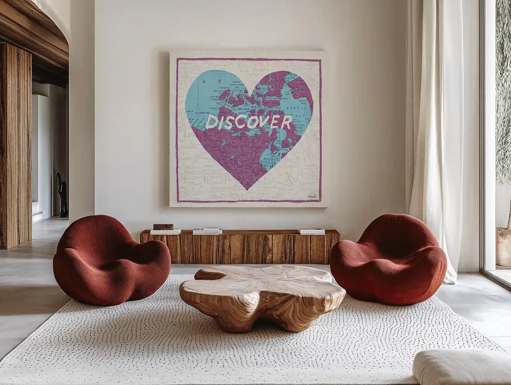 Discover Map by Moira Hershey. Shown as extra-large giant wall art in a modern living room. Available as an archival giclee rolled canvas, fine art paper, or poster print. SKU 38381a.