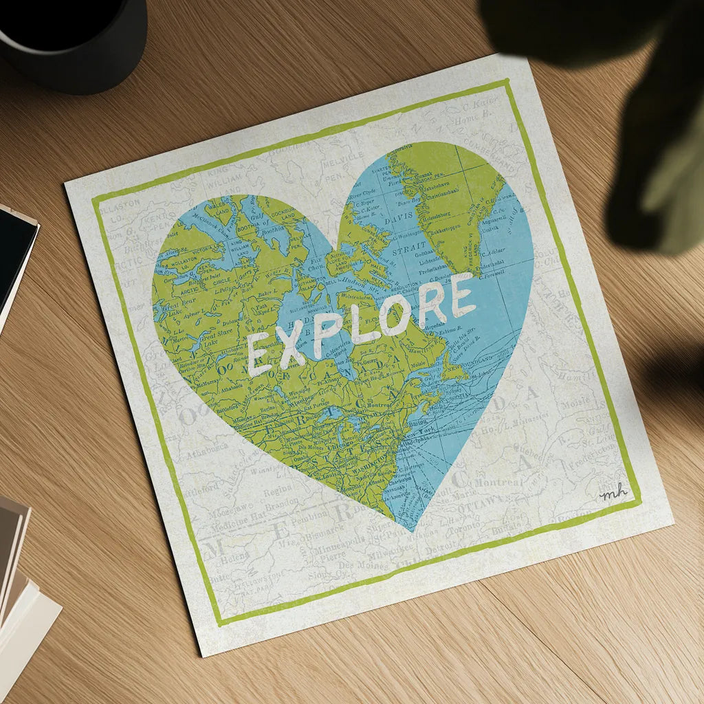 Explore Map by Moira Hershey. Shown as a detailed flat fine art print, highlighting archival giclee quality. Available as an archival giclee rolled canvas, fine art paper, or poster print. SKU 13618a.