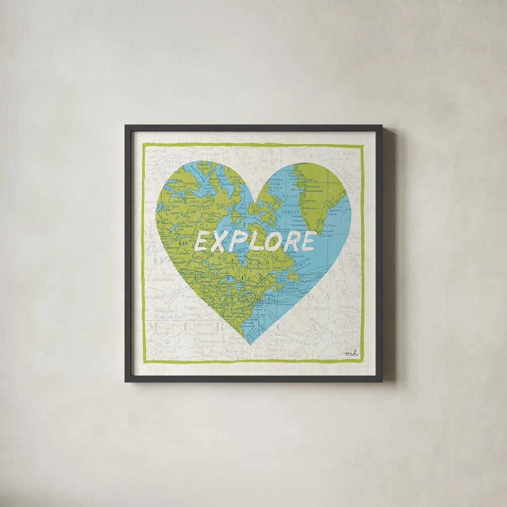 Explore Map by Moira Hershey. Shown in a sleek black glass frame for a contemporary gallery look. Available as an archival giclee rolled canvas, fine art paper, or poster print. SKU 13618a.