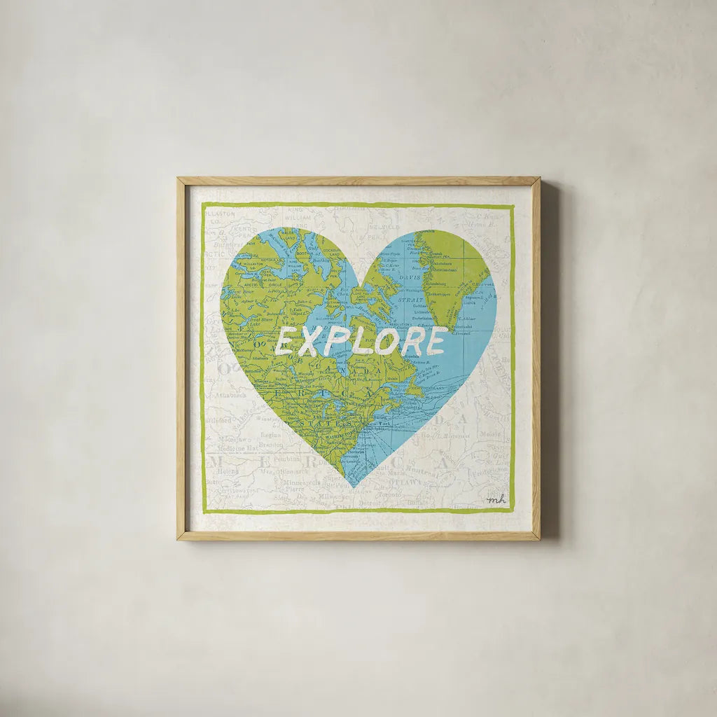 Explore Map by Moira Hershey. Shown in a natural wood glass frame for a timeless modern aesthetic. Available as an archival giclee rolled canvas, fine art paper, or poster print. SKU 13618a.