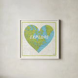 Explore Map by Moira Hershey. Shown in a crisp white glass frame for a clean and minimalist style. Available as an archival giclee rolled canvas, fine art paper, or poster print. SKU 13618a.