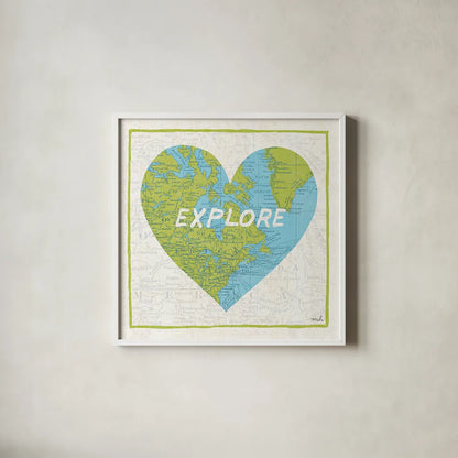 Explore Map by Moira Hershey. Shown in a crisp white glass frame for a clean and minimalist style. Available as an archival giclee rolled canvas, fine art paper, or poster print. SKU 13618a.