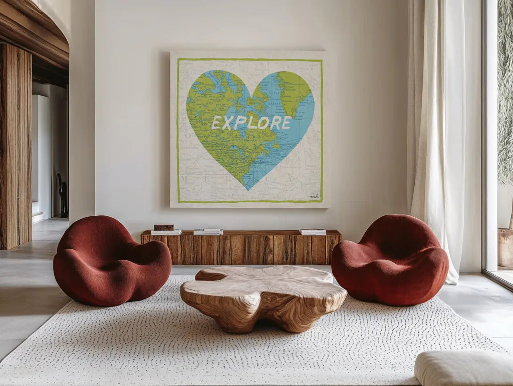 Explore Map by Moira Hershey. Shown as extra-large giant wall art in a modern living room. Available as an archival giclee rolled canvas, fine art paper, or poster print. SKU 13618a.