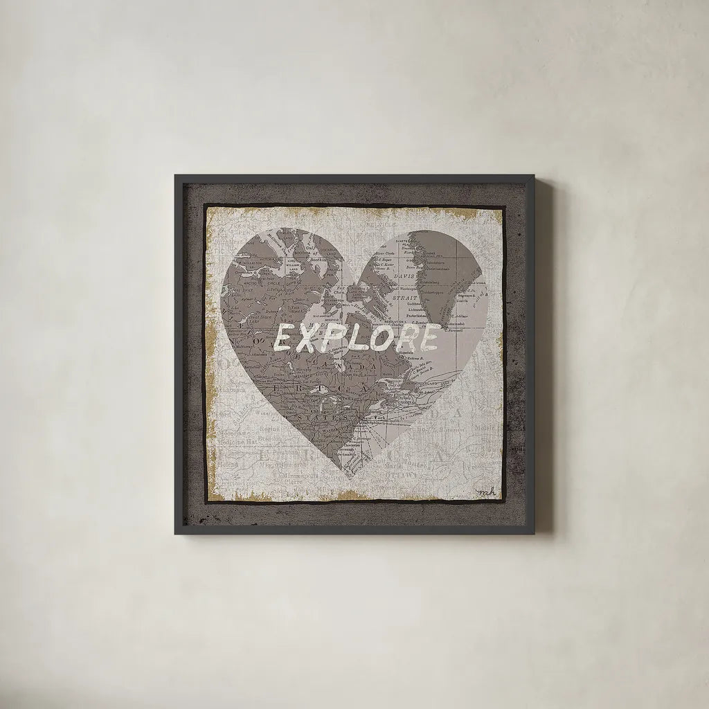 Explore Map v2 by Moira Hershey. Shown in a sleek black glass frame for a contemporary gallery look. Available as an archival giclee rolled canvas, fine art paper, or poster print. SKU 38378a.