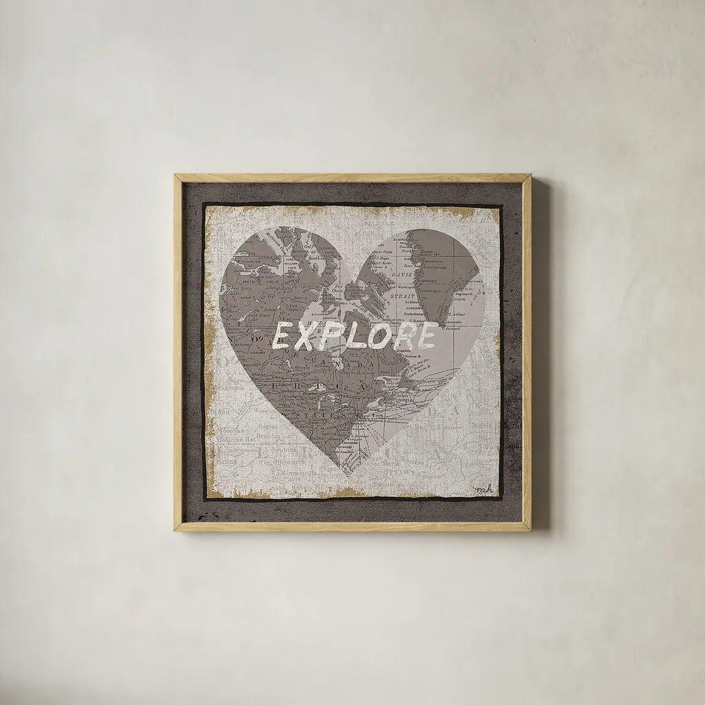 Explore Map v2 by Moira Hershey. Shown in a natural wood glass frame for a timeless modern aesthetic. Available as an archival giclee rolled canvas, fine art paper, or poster print. SKU 38378a.