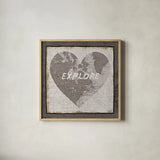 Explore Map v2 by Moira Hershey. Shown in a natural wood glass frame for a timeless modern aesthetic. Available as an archival giclee rolled canvas, fine art paper, or poster print. SKU 38378a.