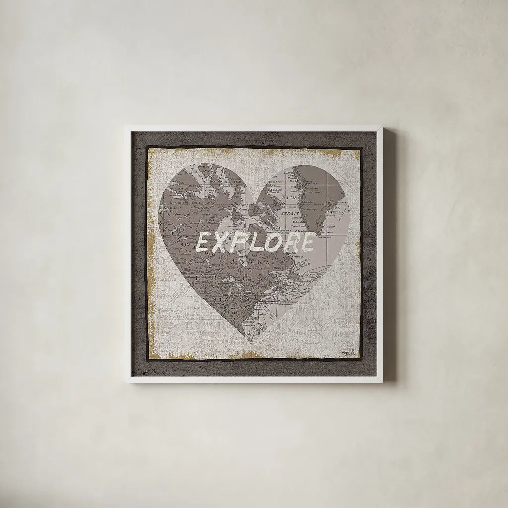 Explore Map v2 by Moira Hershey. Shown in a crisp white glass frame for a clean and minimalist style. Available as an archival giclee rolled canvas, fine art paper, or poster print. SKU 38378a.
