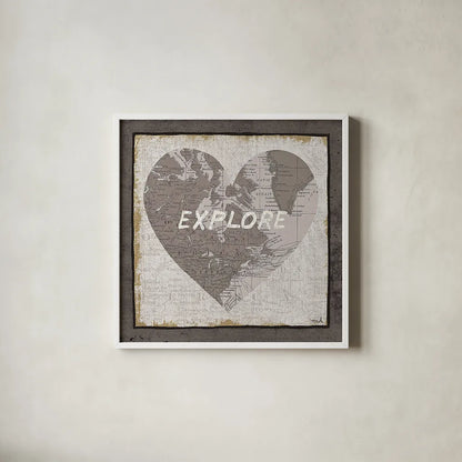 Explore Map v2 by Moira Hershey. Shown in a crisp white glass frame for a clean and minimalist style. Available as an archival giclee rolled canvas, fine art paper, or poster print. SKU 38378a.