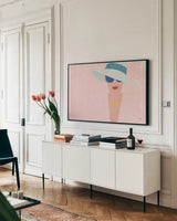 Fashion Forward by Moira Hershey. shown as a framed stretched canvas in a living room above a console. Available as a archival giclee rolled canvas, fine art paper, or poster print. SKU 58674i.