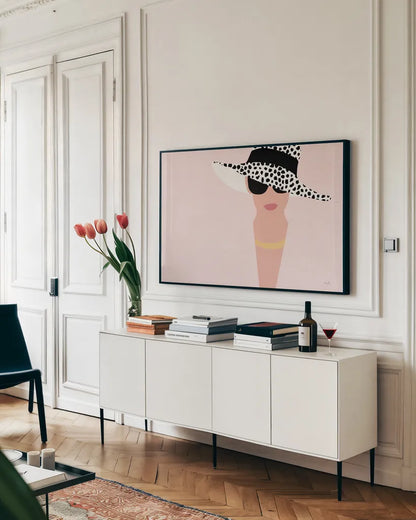 Fashion Forward Solid Blush by Moira Hershey. shown as a framed stretched canvas in a living room above a console. Available as a archival giclee rolled canvas, fine art paper, or poster print. SKU 69983i.