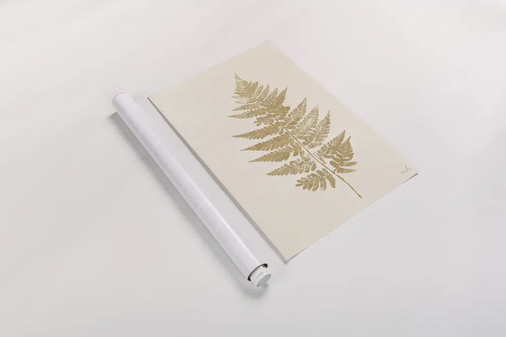 Fern Print I Gold No Shiplap by Moira Hershey. shown as a rolled paper print. Available as archival giclee rolled canvas, fine art paper, or poster print. SKU 57690h.