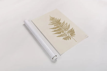 Fern Print I Gold No Shiplap by Moira Hershey. shown as a rolled paper print. Available as archival giclee rolled canvas, fine art paper, or poster print. SKU 57690h.