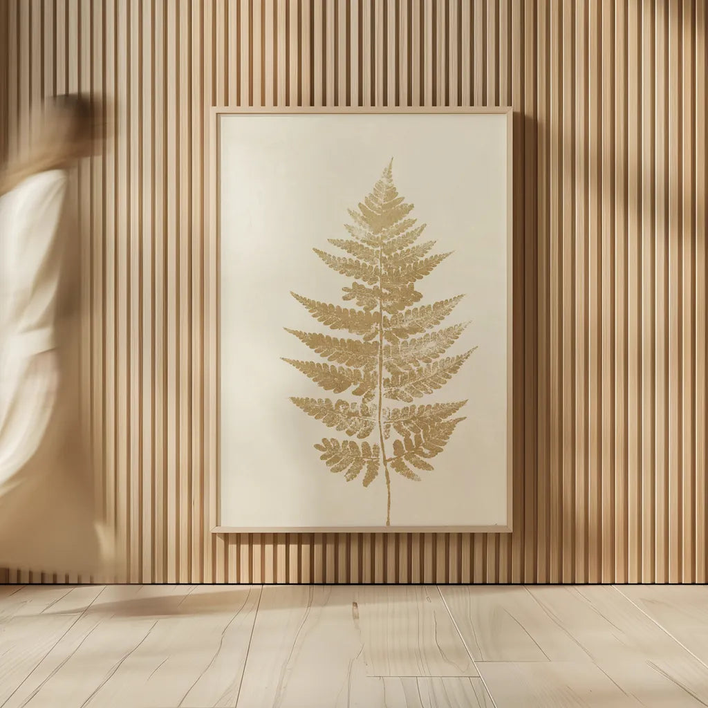 Fern Print I Gold No Shiplap by Moira Hershey. shown as over sized large wall art. Available as an archival giclee rolled canvas, fine art paper, or poster print. SKU 57690h.