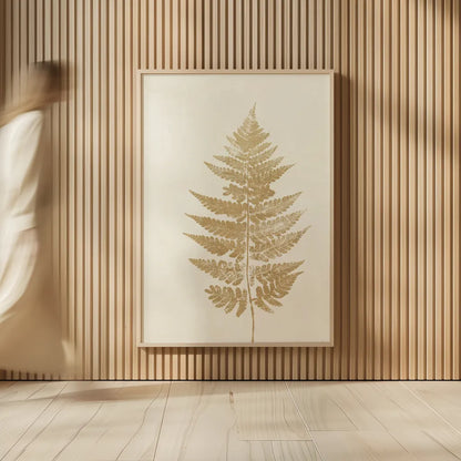 Fern Print I Gold No Shiplap by Moira Hershey. shown as over sized large wall art. Available as an archival giclee rolled canvas, fine art paper, or poster print. SKU 57690h.