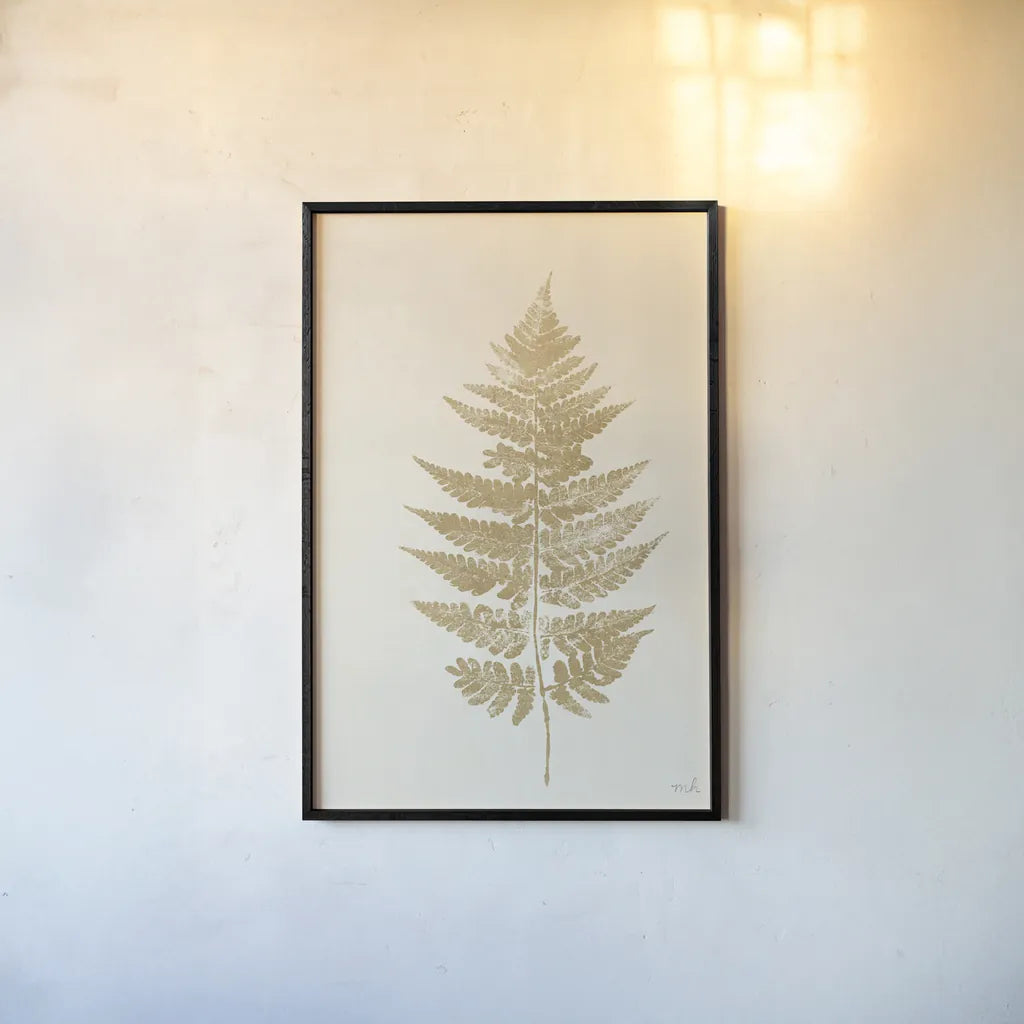 Fern Print I Gold No Shiplap by Moira Hershey. shown as a paper print in a black flame. Available as a archival giclee rolled canvas, fine art paper, or poster print. SKU 57690h.