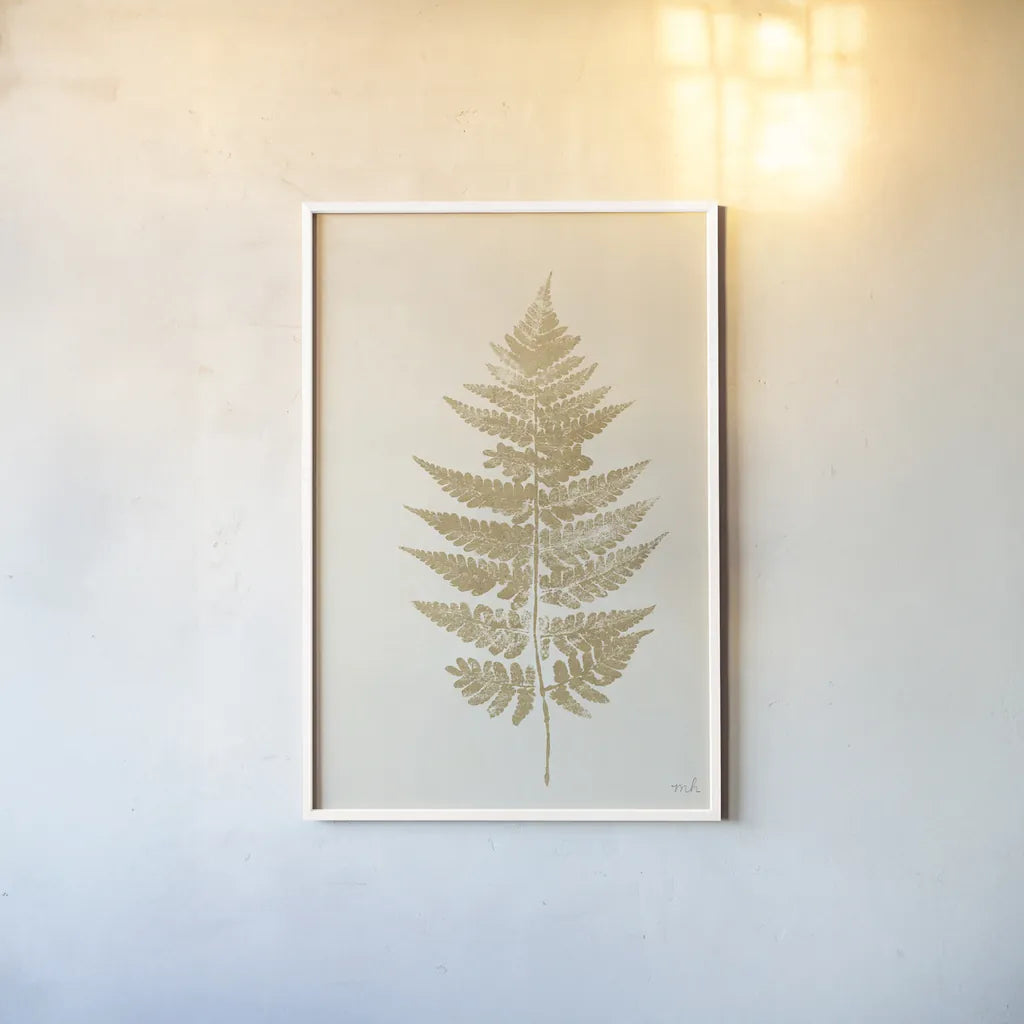 Fern Print I Gold No Shiplap by Moira Hershey. shown as a paper print in a white frame. Available as a archival giclee rolled canvas, fine art paper, or poster print. SKU 57690h.