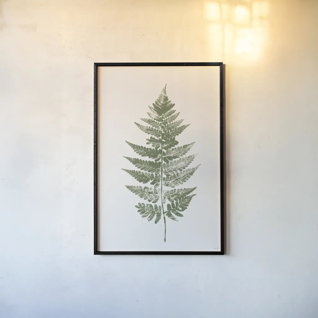 Fern Print I White Crop by Moira Hershey. shown as a paper print in a black flame. Available as a archival giclee rolled canvas, fine art paper, or poster print. SKU 67461h.